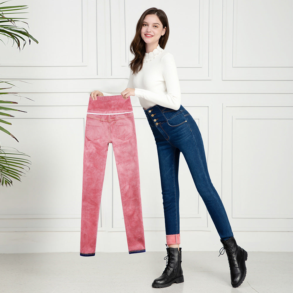 Winter new style velvet thick high-waist jeans