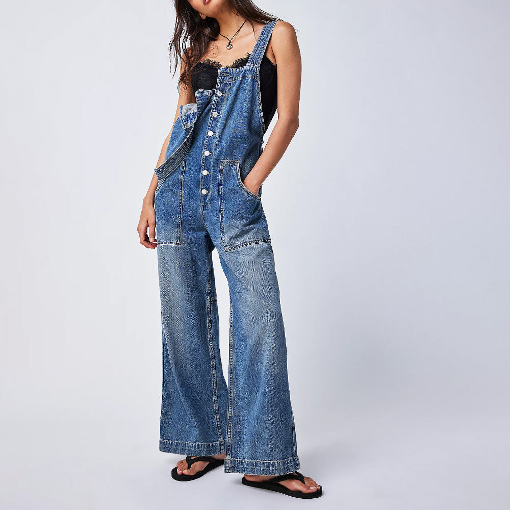 Pocket Sling Adjustable Strap Wide-leg Overalls Denim Jumpsuit