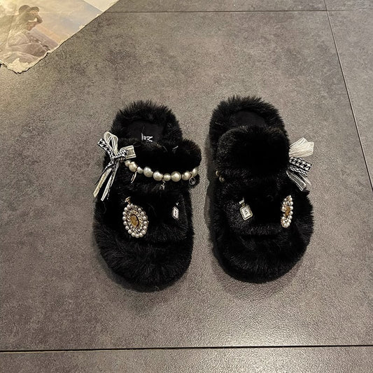 High-grade Pearl Fluffy Slippers Women's Outer Wear