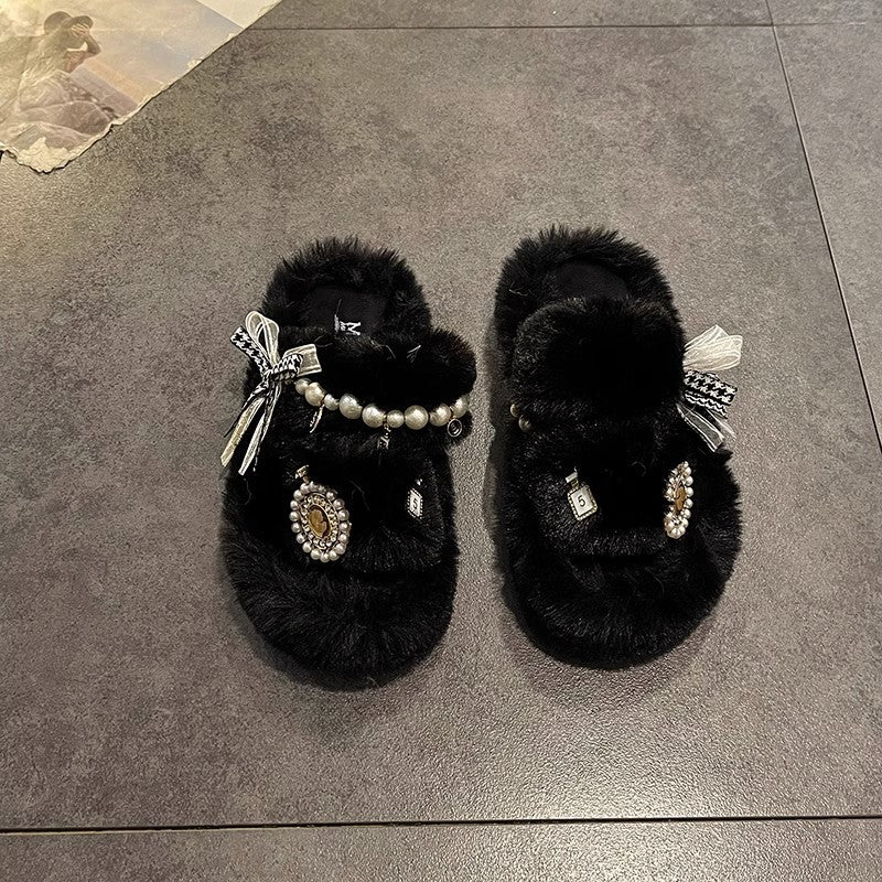 High-grade Pearl Fluffy Slippers Women's Outer Wear