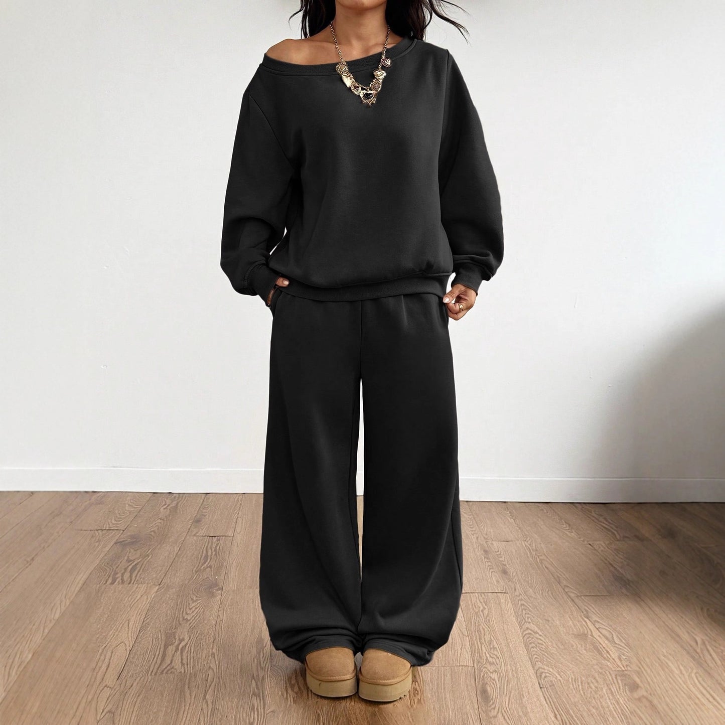 Womens Fashion Casual Sweatshirt And Wide-Leg Pants Set