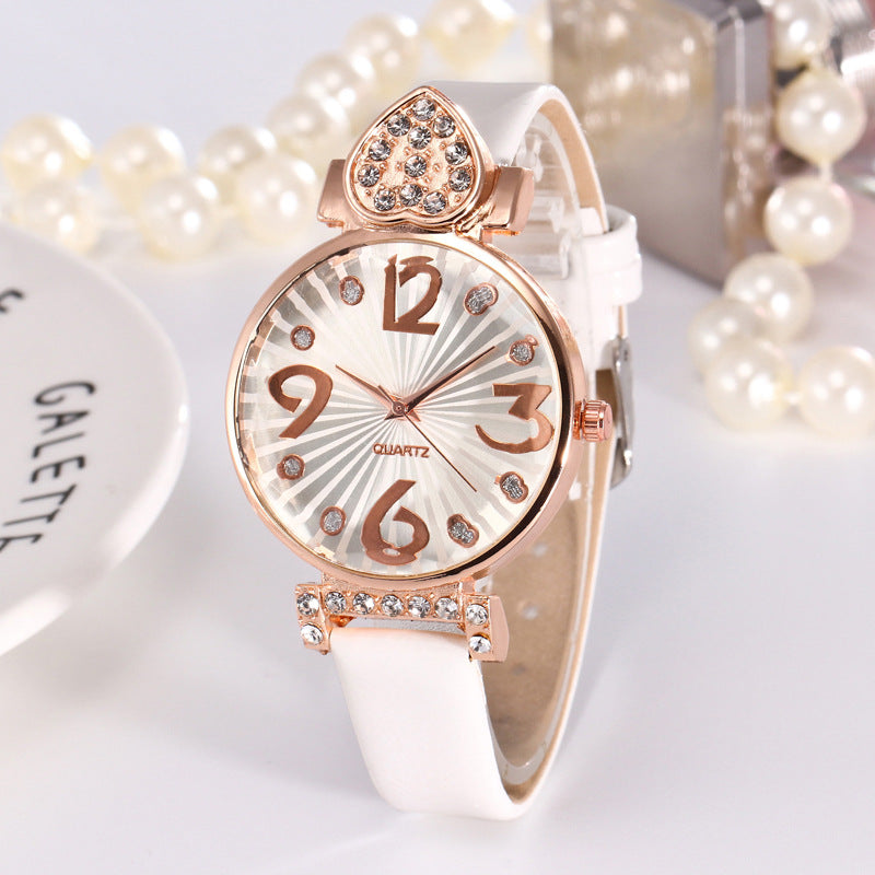 Peach Heart Rhinestone Big Number Belt Female Watch