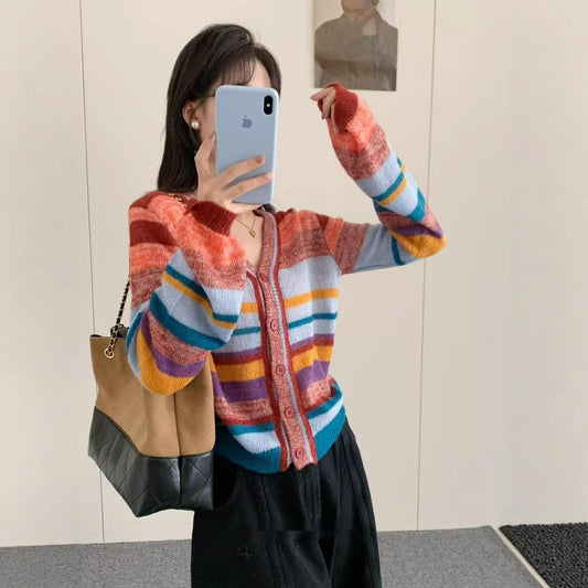 Women's Rainbow Knitted Cardigan Women's V-neck Sweater