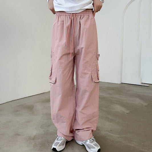 American Street Three-dimensional Pocket Elastic Waist Tie Cargo Pants