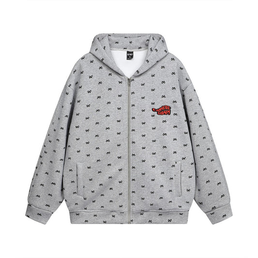 Full Printed Bow Zipper Sweater Design Sense High Street Trendy Men And Women