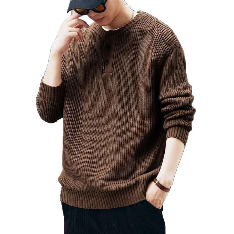 Vintage-style, Relaxed-fit, Thickened Vertical-striped Workwear Pullover Sweater