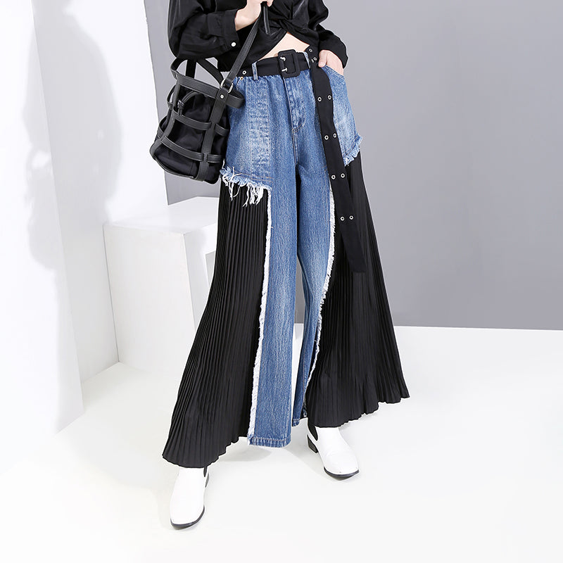 Jeans stitching chiffon wide-leg pants