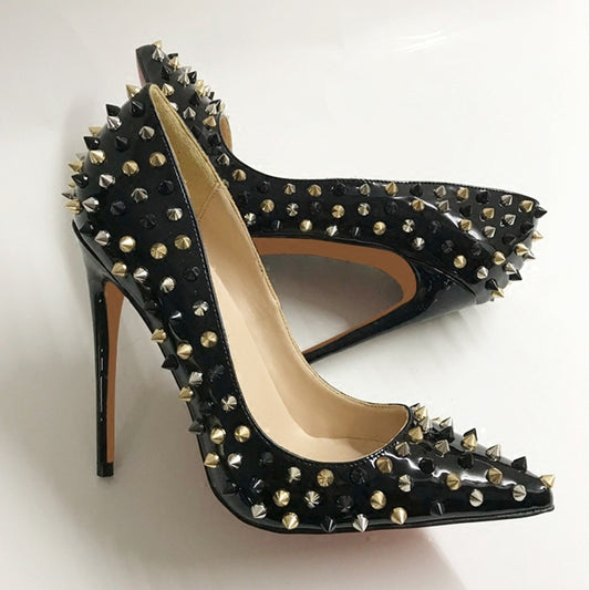 Black Patent Leather Color Matching Rivet High Heels Female Pointed Stiletto