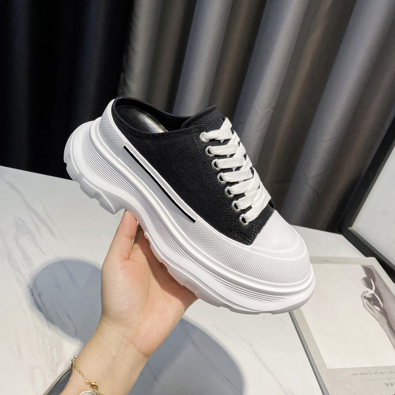 Lace-up Canvas Platform Half Slippers