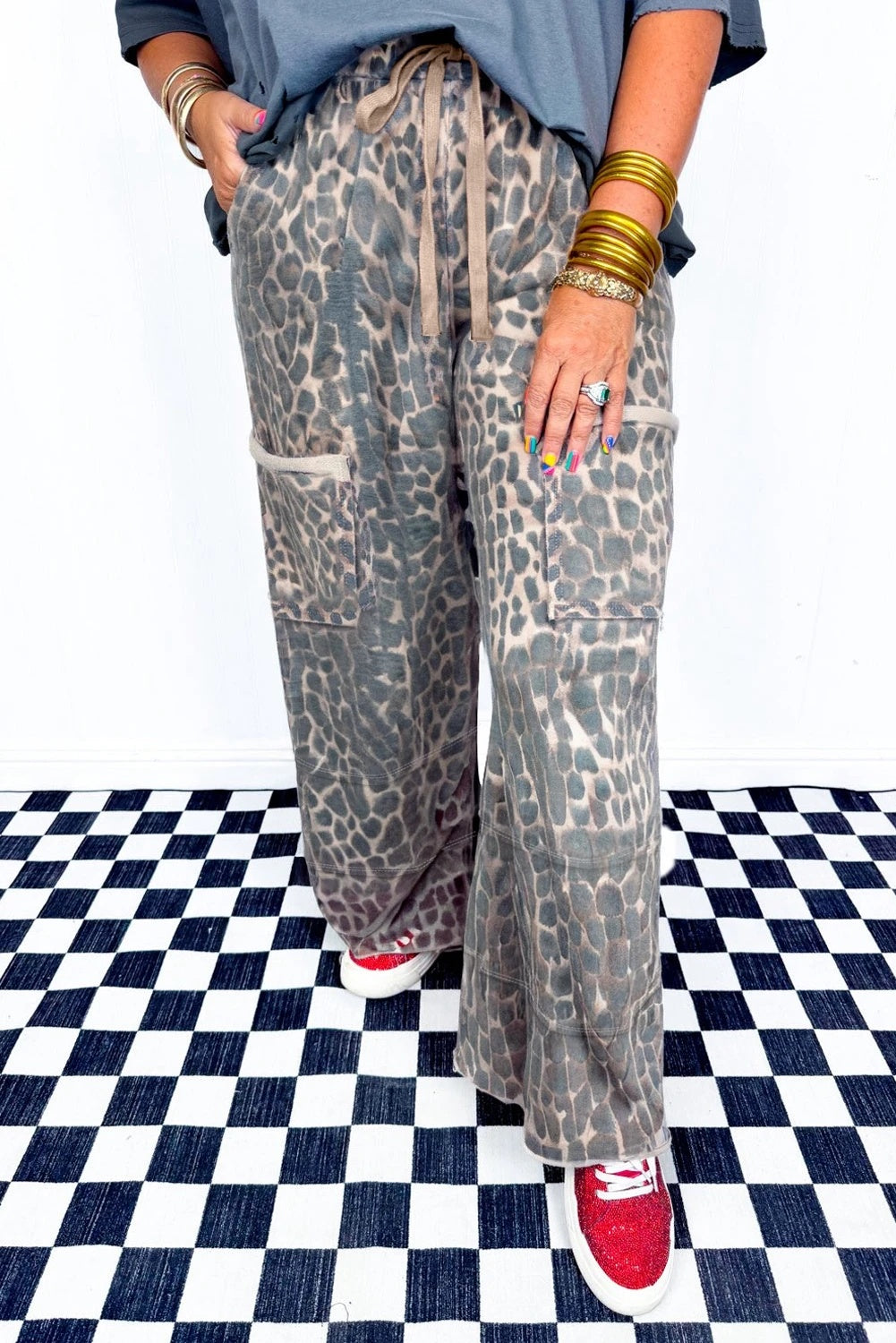 Khaki Plus Size Leopard Print Worn Patch Pocket Drawstring Loose Pants