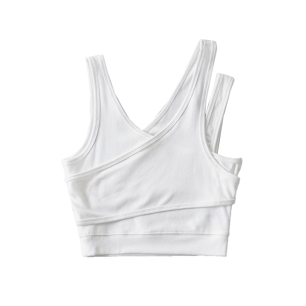 Solid False Two-piece Diagonal Shoulder Strap Short Vest