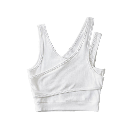 Solid False Two-piece Diagonal Shoulder Strap Short Vest