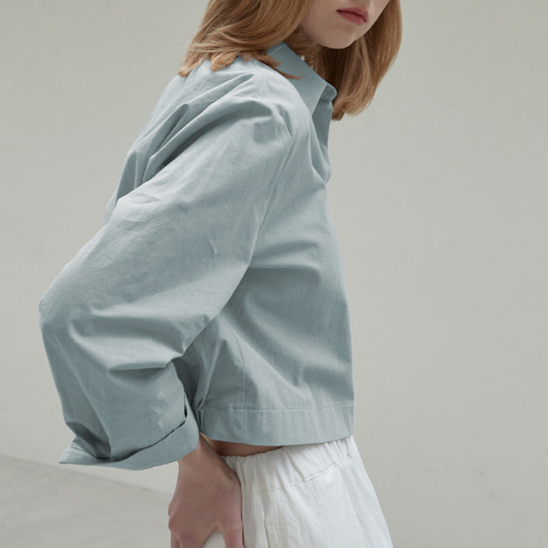 Cotton Hem Elastic Waist Slimming Solid Color Long Sleeve Shirt
