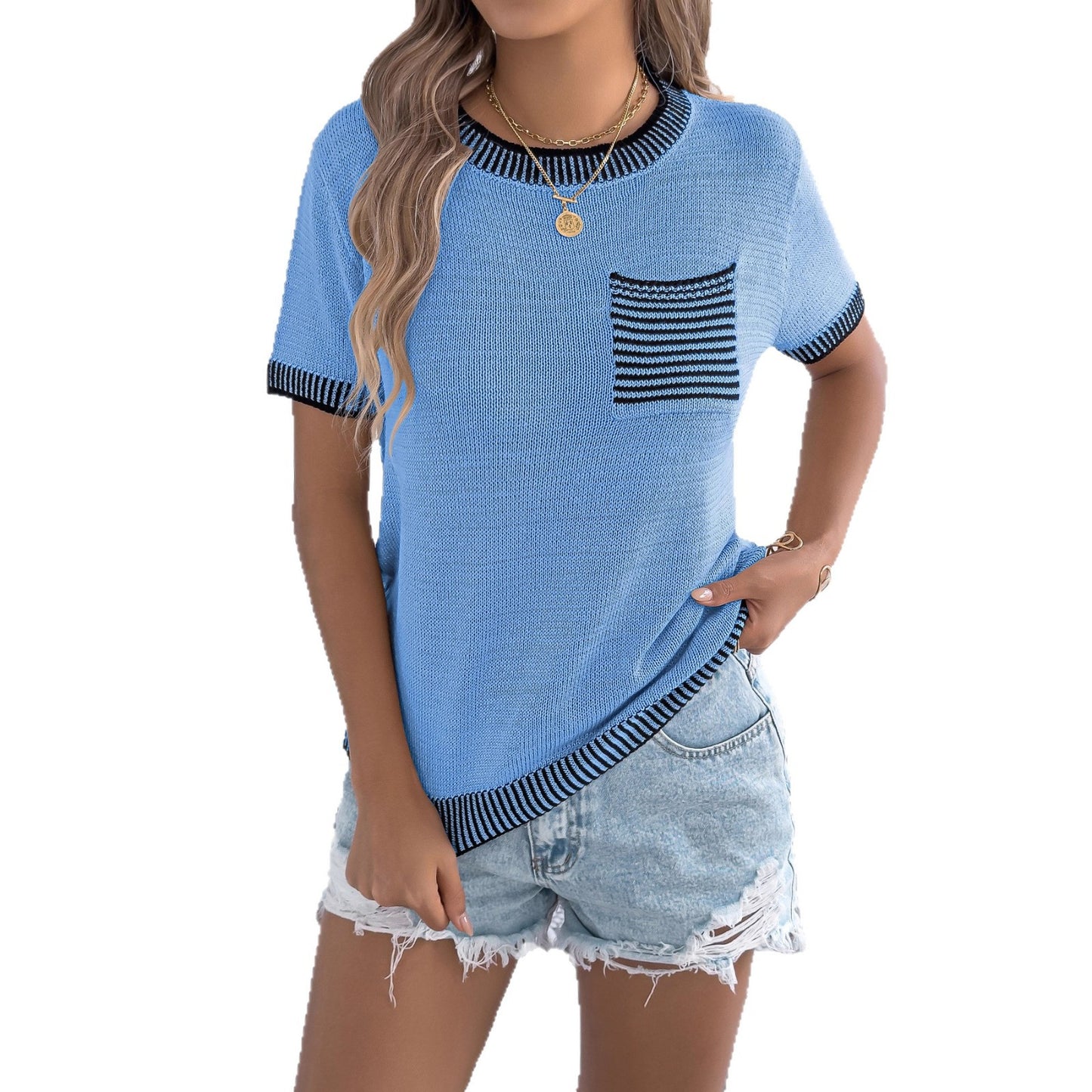 Casual Contrast Color Striped Pocket Short Sleeve Knitwear