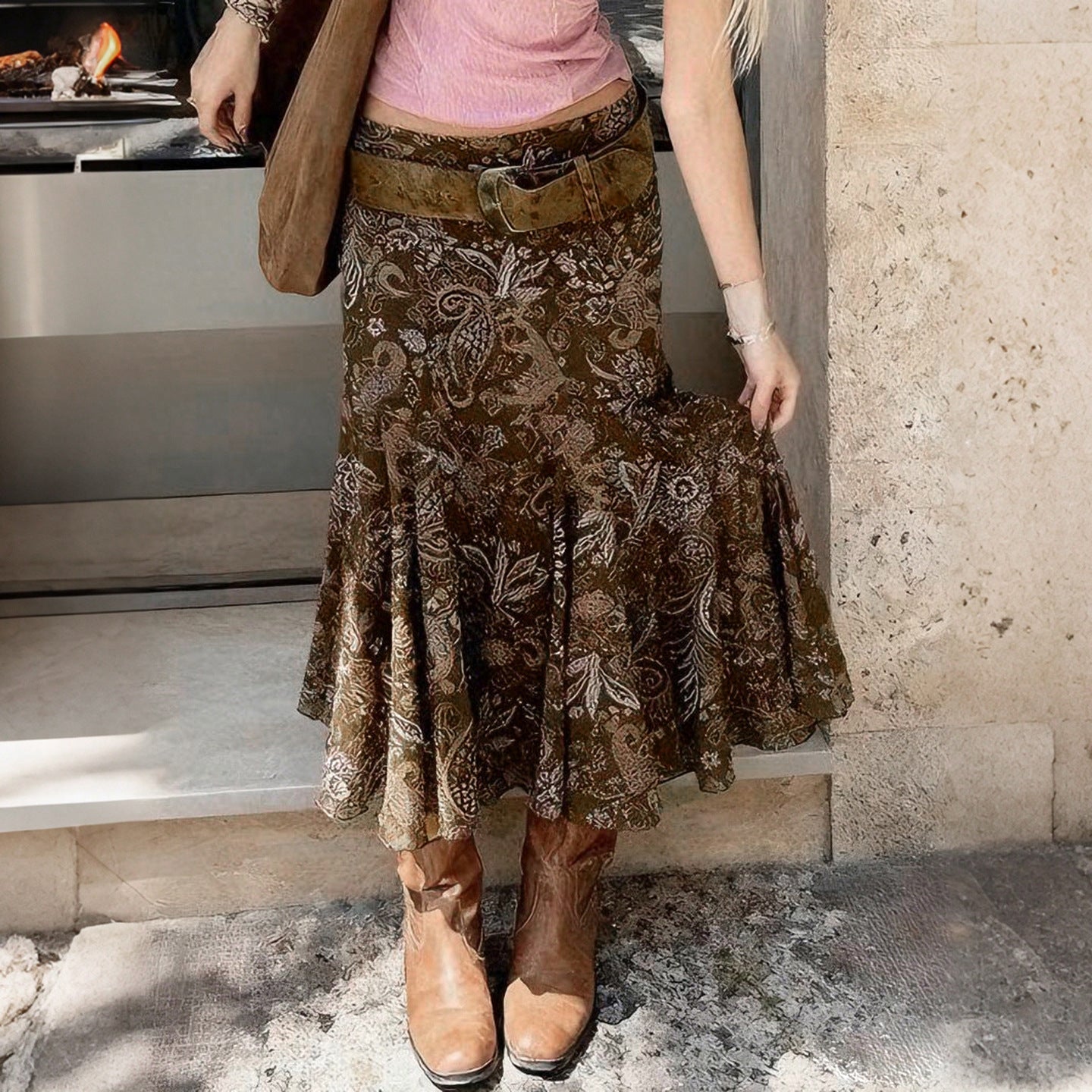 American-style Vintage Print Asymmetrical Skirt For Women