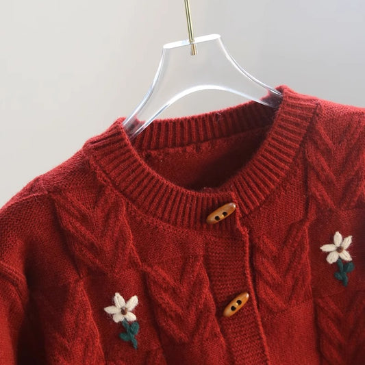Retro Machine Embroidery Cable-knit Sweater Coat