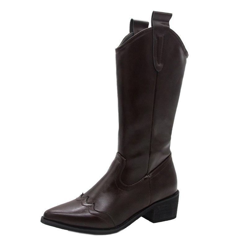 Retro Pointed Toe Thick Heel High Boots Women