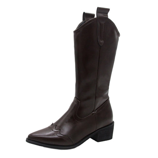 Retro Pointed Toe Thick Heel High Boots Women
