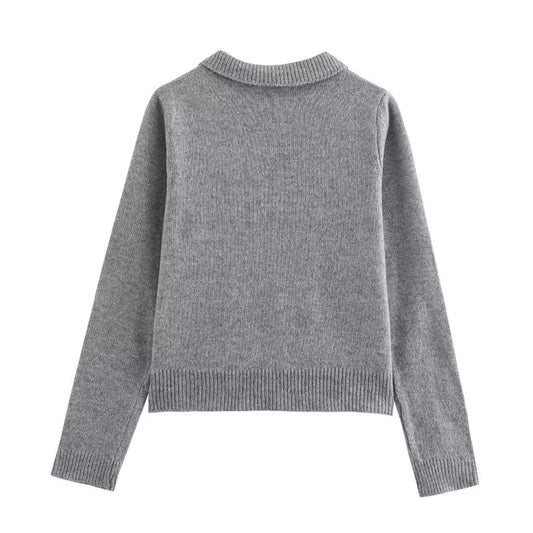 Bow Decorated Row Button Polo Collar Solid Color Short Long Sleeve Knitted Cardigan