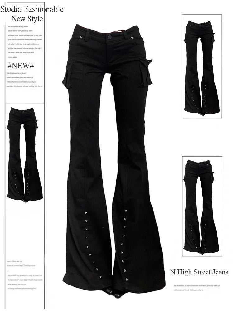 Retro Decorative Rivets Straight Slightly Flared Casual Pants
