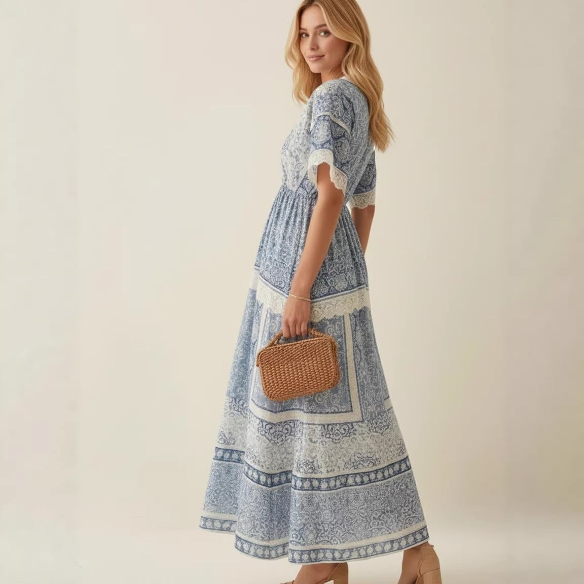 Chic V-neck Printed Waist-Cinching Short-Sleeve Womens Dress