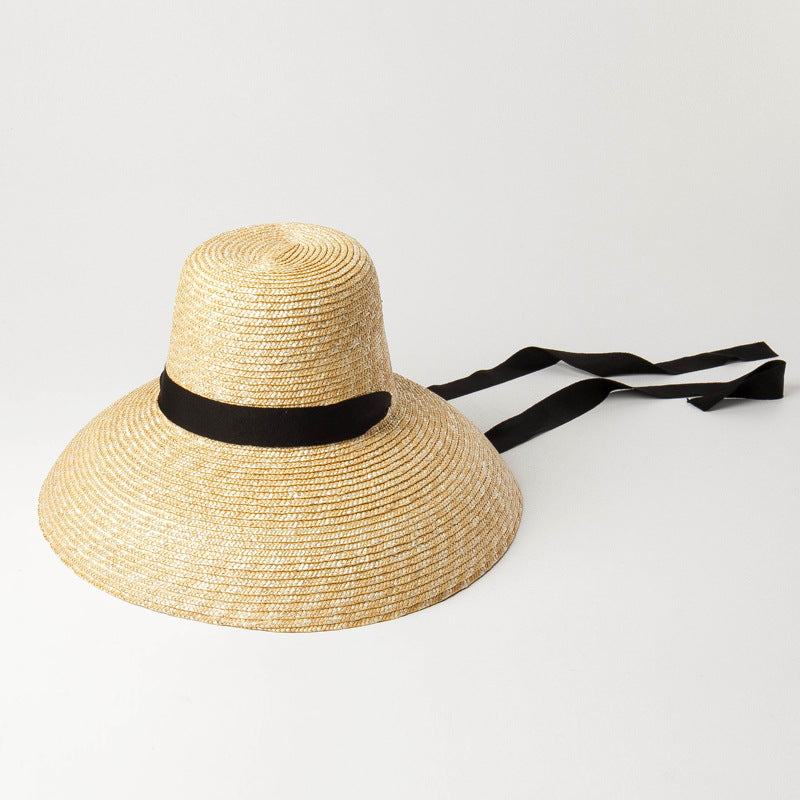 High Flat Top Big Brim Strap Straw Straw Hat Fashion