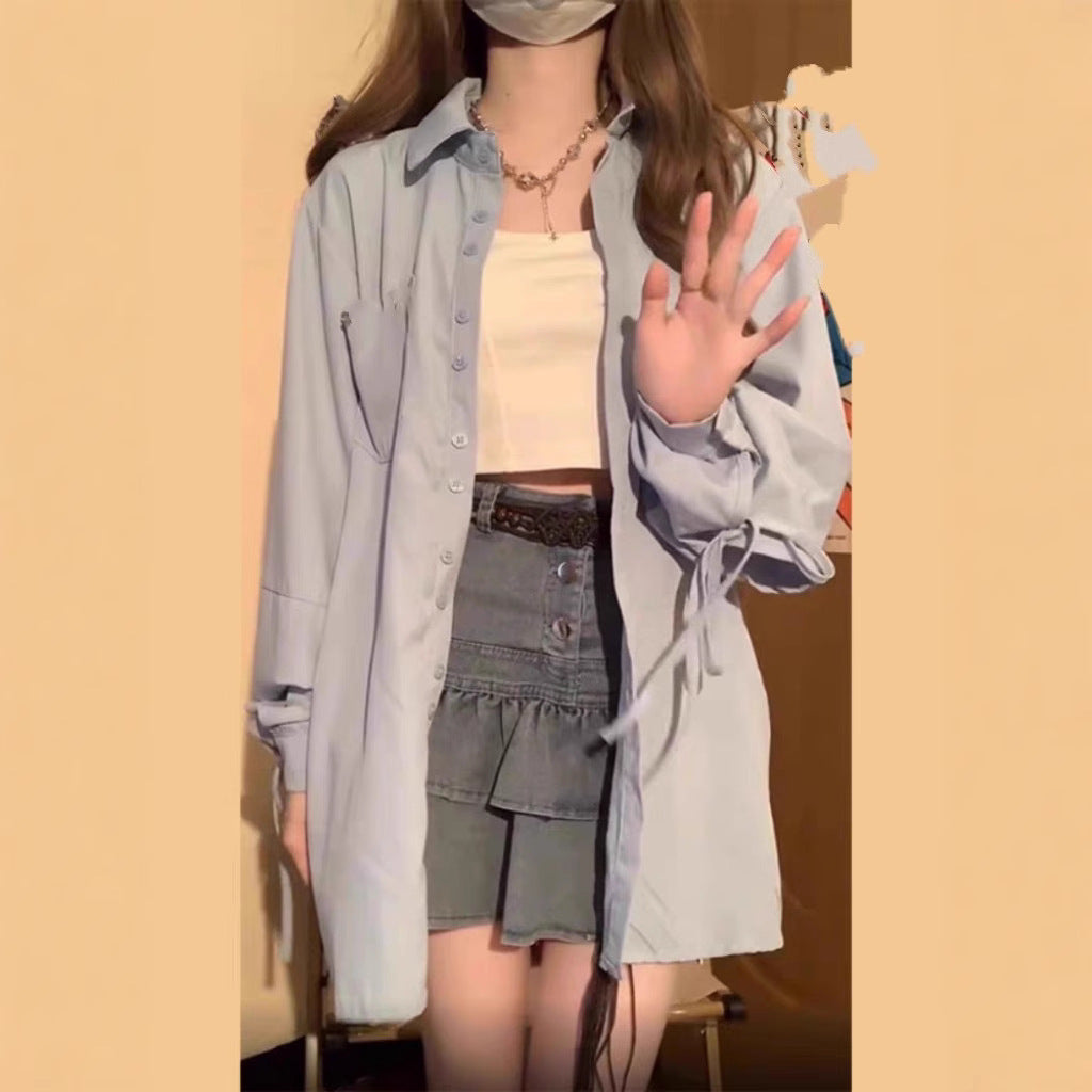 French Blue Bow Long Sleeve Shirt