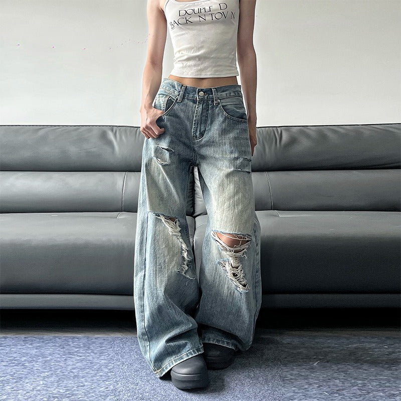 Design Sense Niche Loose Retro Destroyed Pants