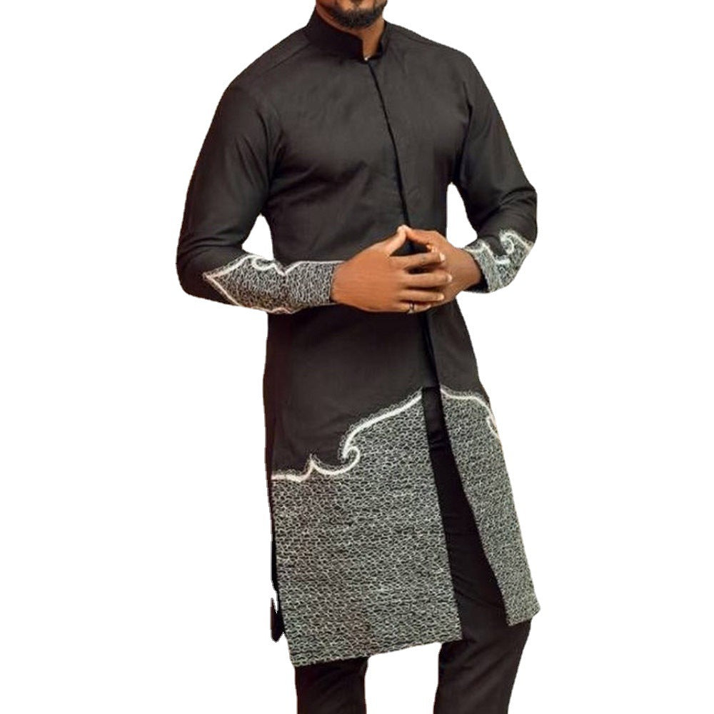 Ethnic Style Black Stand-up Collar Cotton Slim Fit Casual Shirt