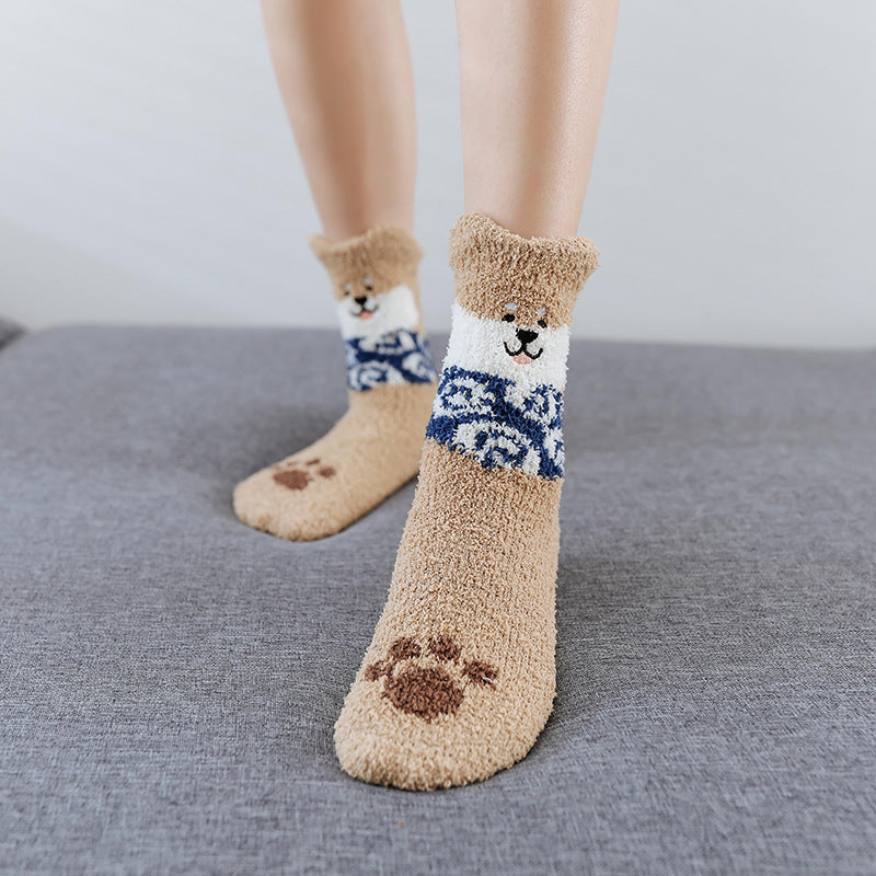 Coral fleece cute puppy cartoon socks