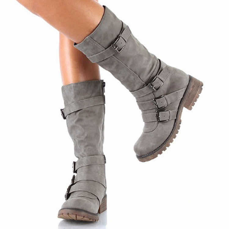 Martin boots with belt buckle and side zipper