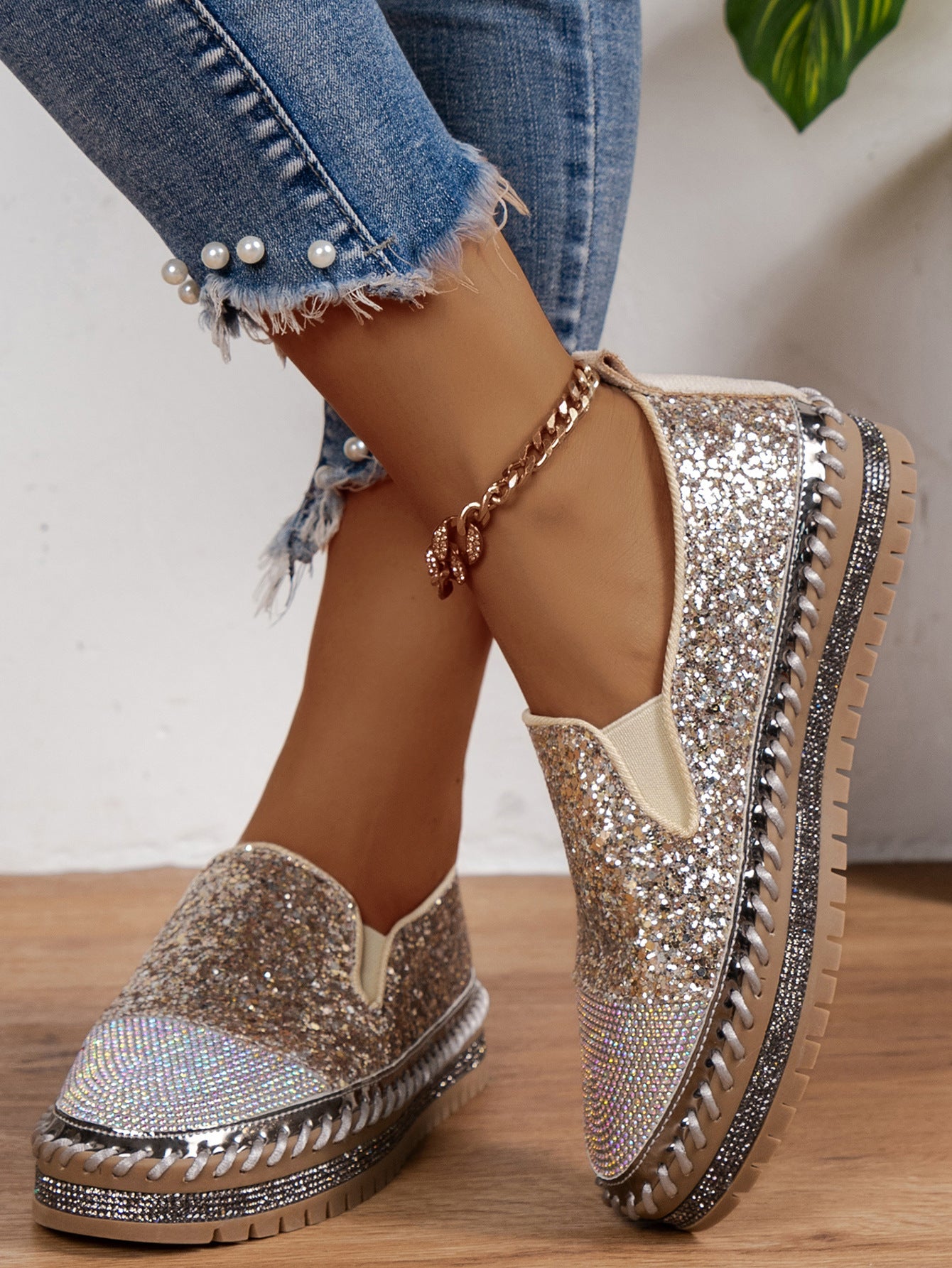 Thick Bottom Flat Loafers Rhinestone