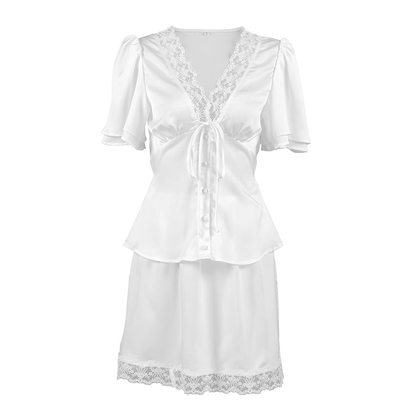 Women's Fashion Lace Waist-Cinching Short-Sleeve Set