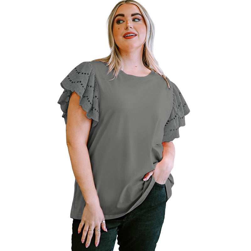 Female Lace Hollow Out Versatile Casual Short Sleeved Shirt