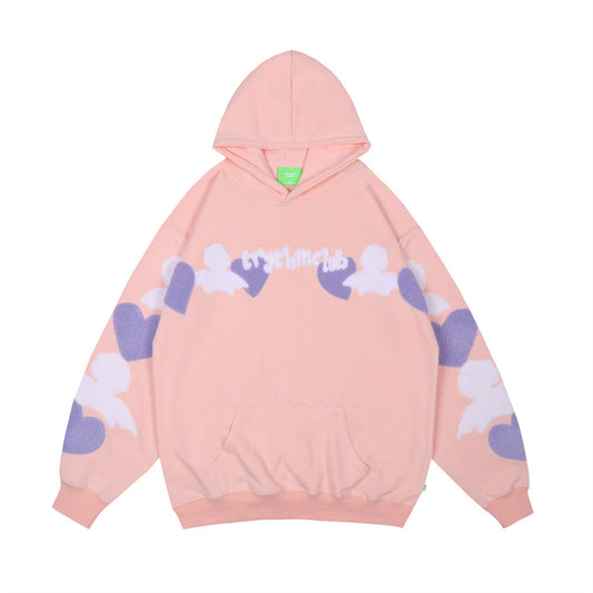 Small Crowd Love Flocking Embroidery Hooded Sweater For Men Loose