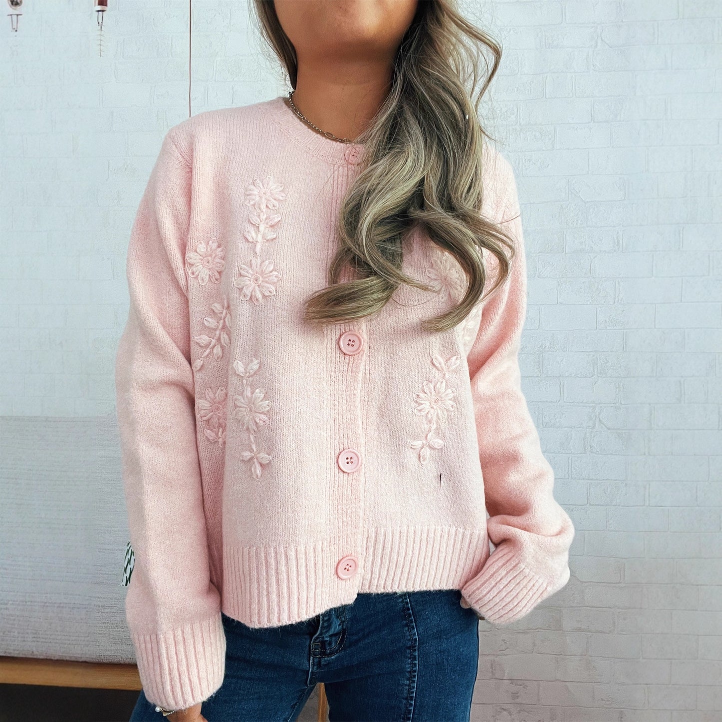 Simple Casual Flower Cardigan Round Neck Long Sleeve Sweater