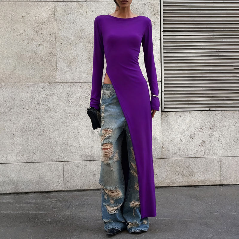 Solid Color Round-neck Long-sleeved Dress Women