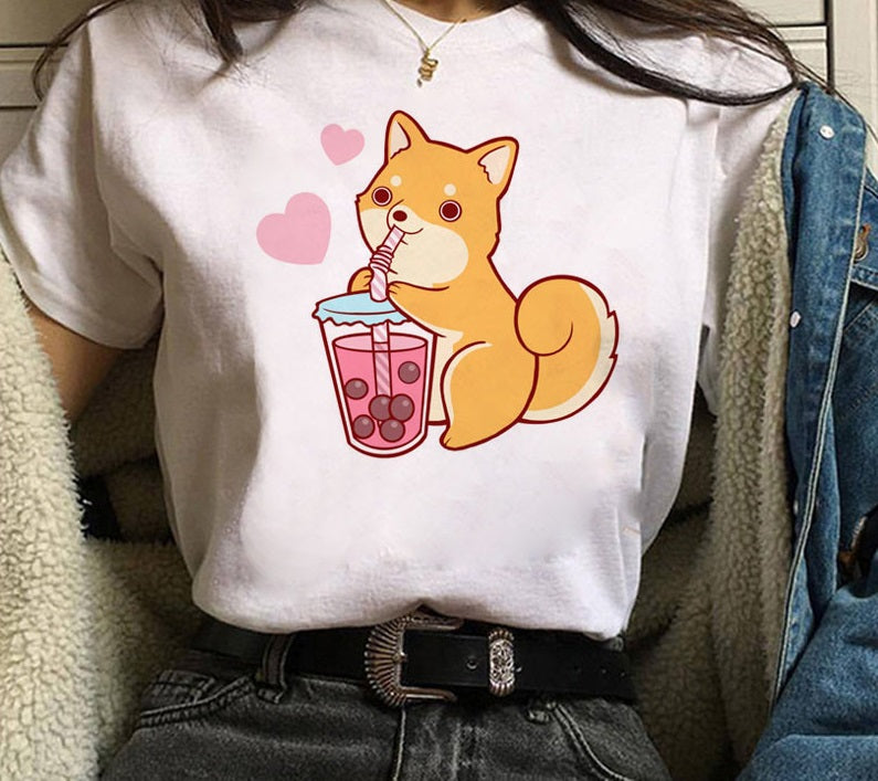 Cute Shiba Inu Print Men And Women Couple T-shirt Bottoming