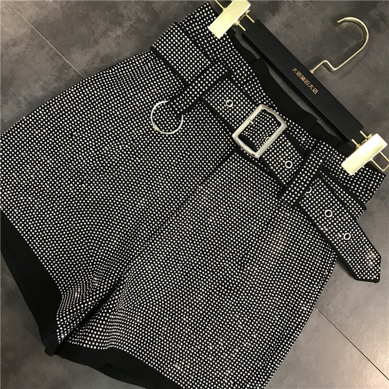 Spring New Fashion Rhinestone Shiny Belt Heavy Industry All-Match Shorts