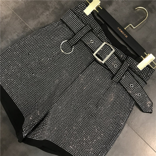 Spring New Fashion Rhinestone Shiny Belt Heavy Industry All-Match Shorts