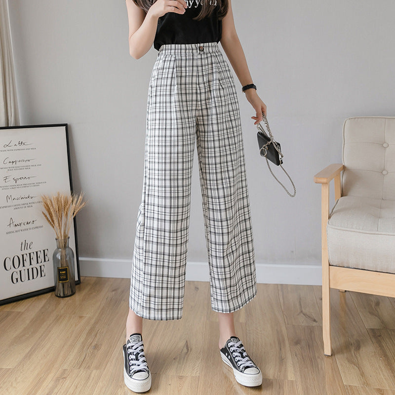 Cotton and linen checked wide-leg pants