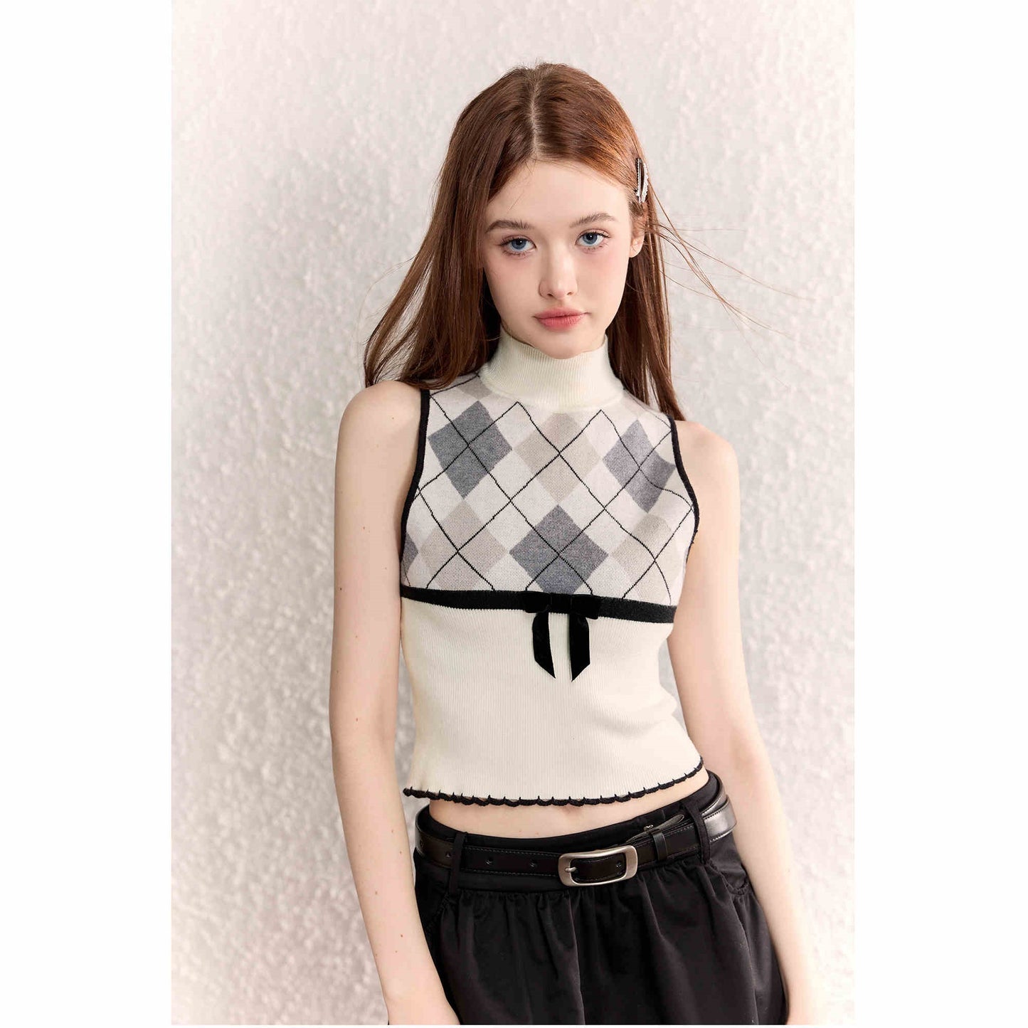 Diamond Plaid Half Collar Top Sleeveless Knitted Vest