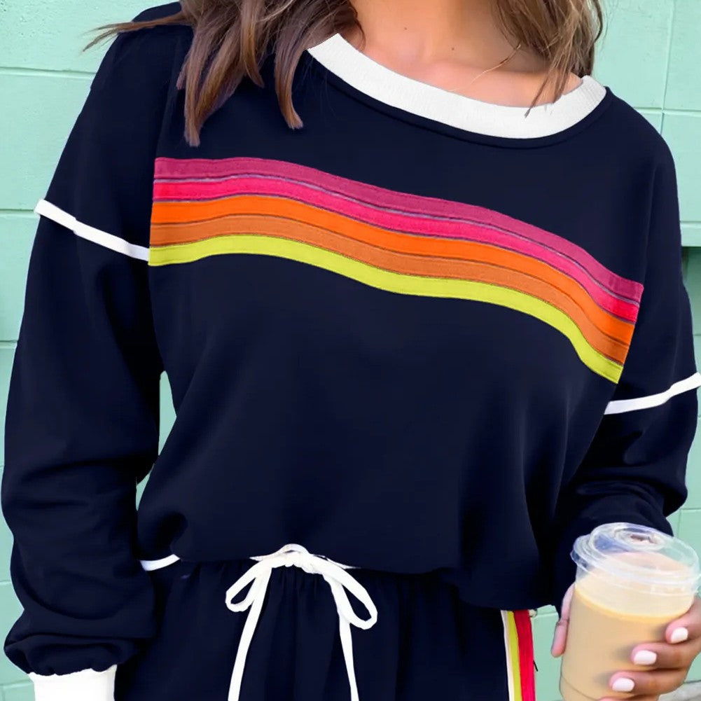 Bluing Colorful Striped Accent Varsity Long Sleeve Pullover And Shorts Matching Set