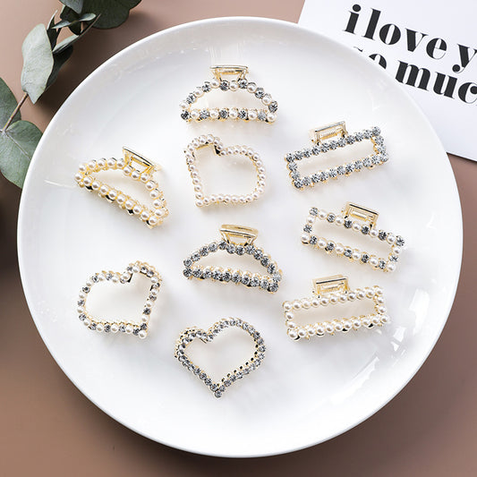 Geometric Square Love Curved Pearl Rhinestone Hair Clip