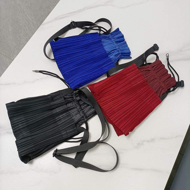 Simple Pleated Colorblock Drawstring Shoulder Bag