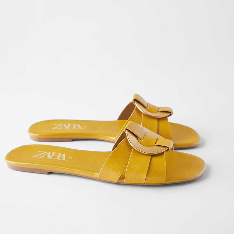 Cow leather sandals and slippers with square toe metal buckle