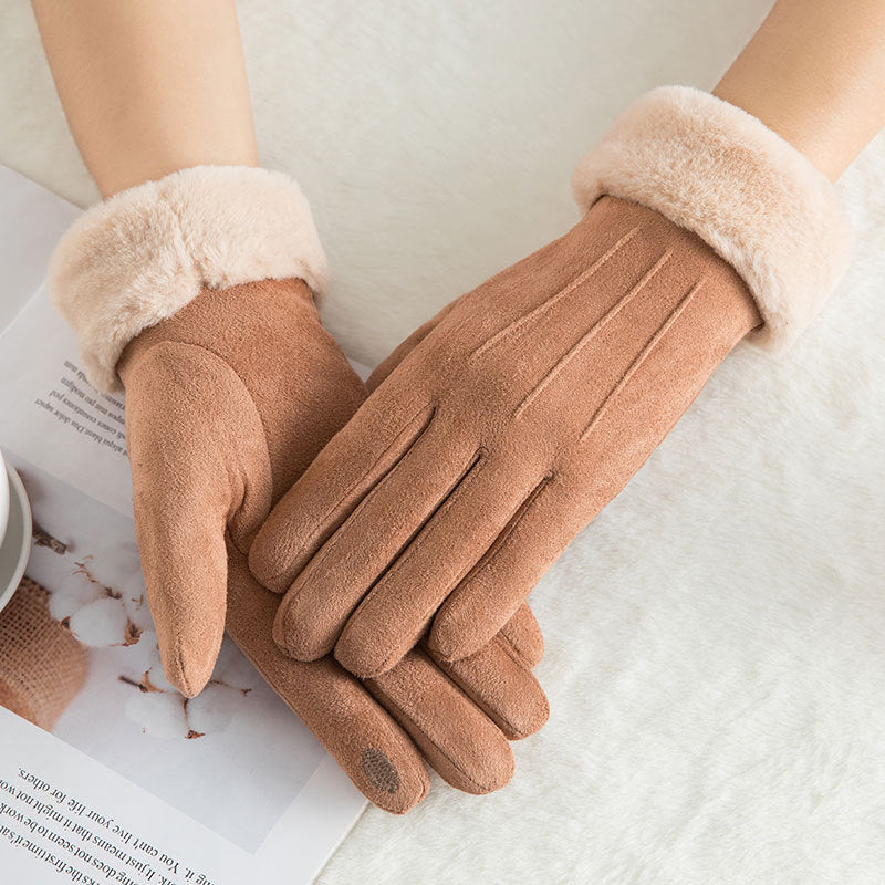 Suede warm gloves double layer plus velvet thick wind and cold riding touch screen gloves