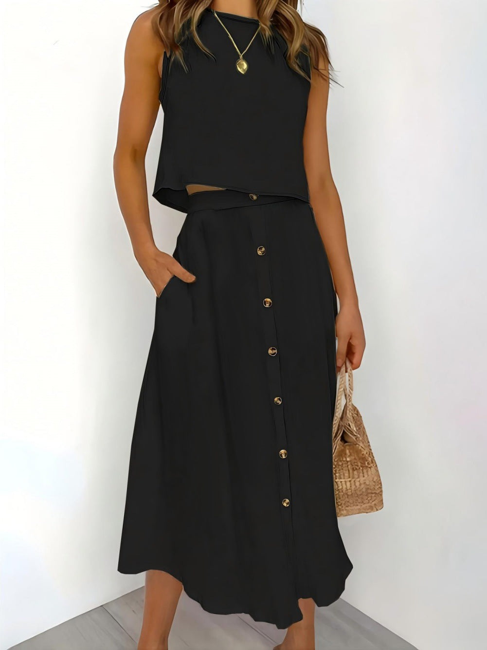 New Elegant Solid-color Vest And Skirt Set For Women
