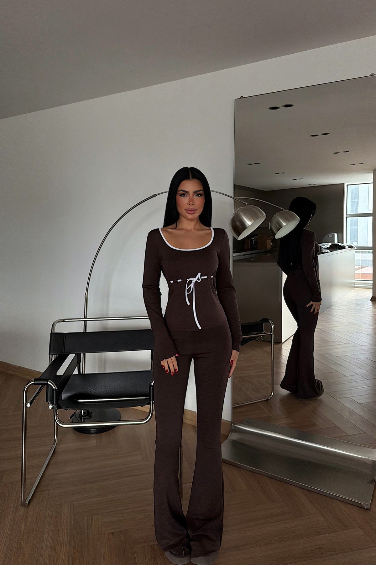 Long-sleeve Drawstring Top And Floor-length Pants Two-piece Set