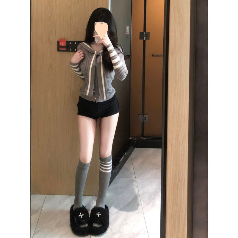 Striped Knit Top And Black High-waisted Short Pants Set For Women